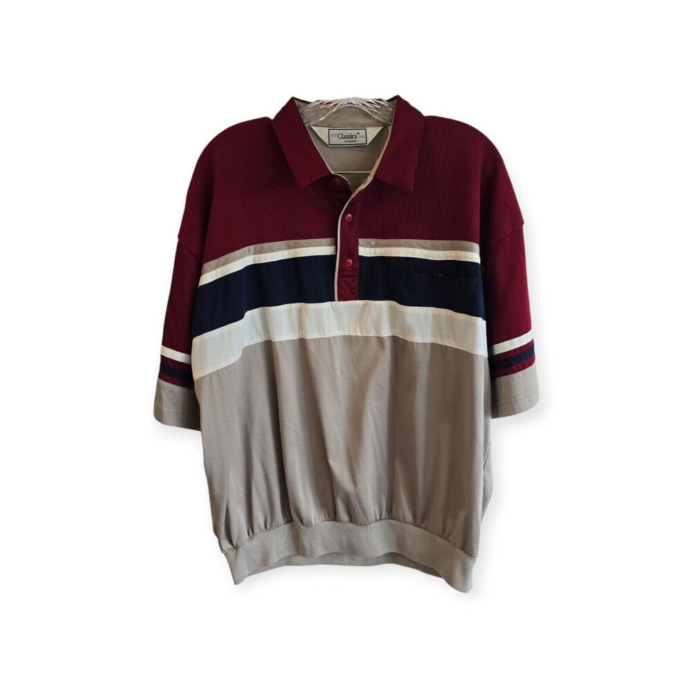 Classics By Palmland Short Sleeve Pocket Polo Shirt Men XL Burgundy Striped